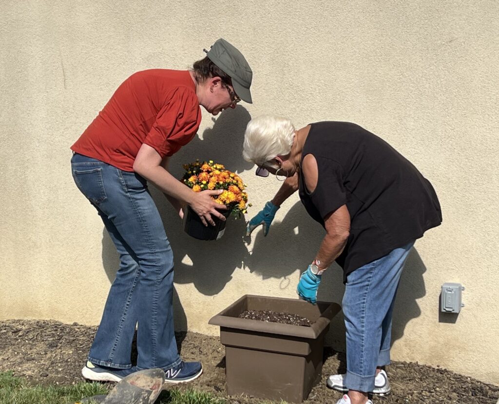 A photograph of two temple members planting flowers into a planter.